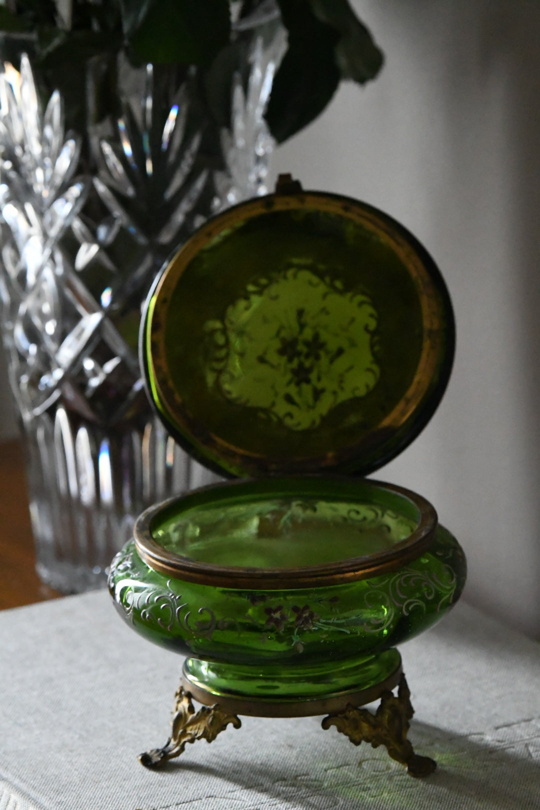 Late Victorian Bohemian Emerald Green Enameled Art Glass Jewel Casket with Gilt Bronze Mounts | Circa 1880–1900