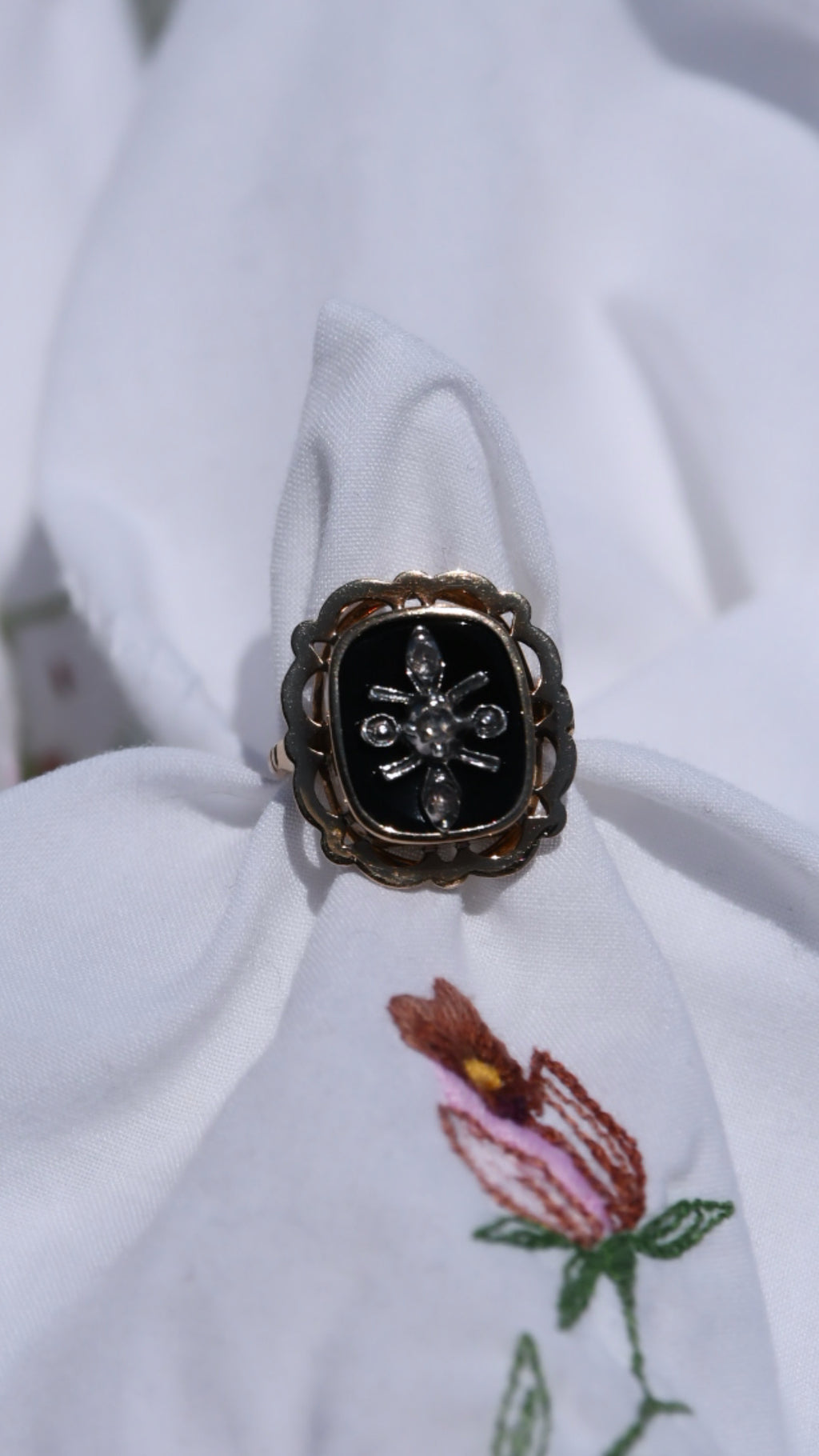 Victorian Belgian Onyx & Rose Cut Diamond Ring in 14K Gold | Circa 1900