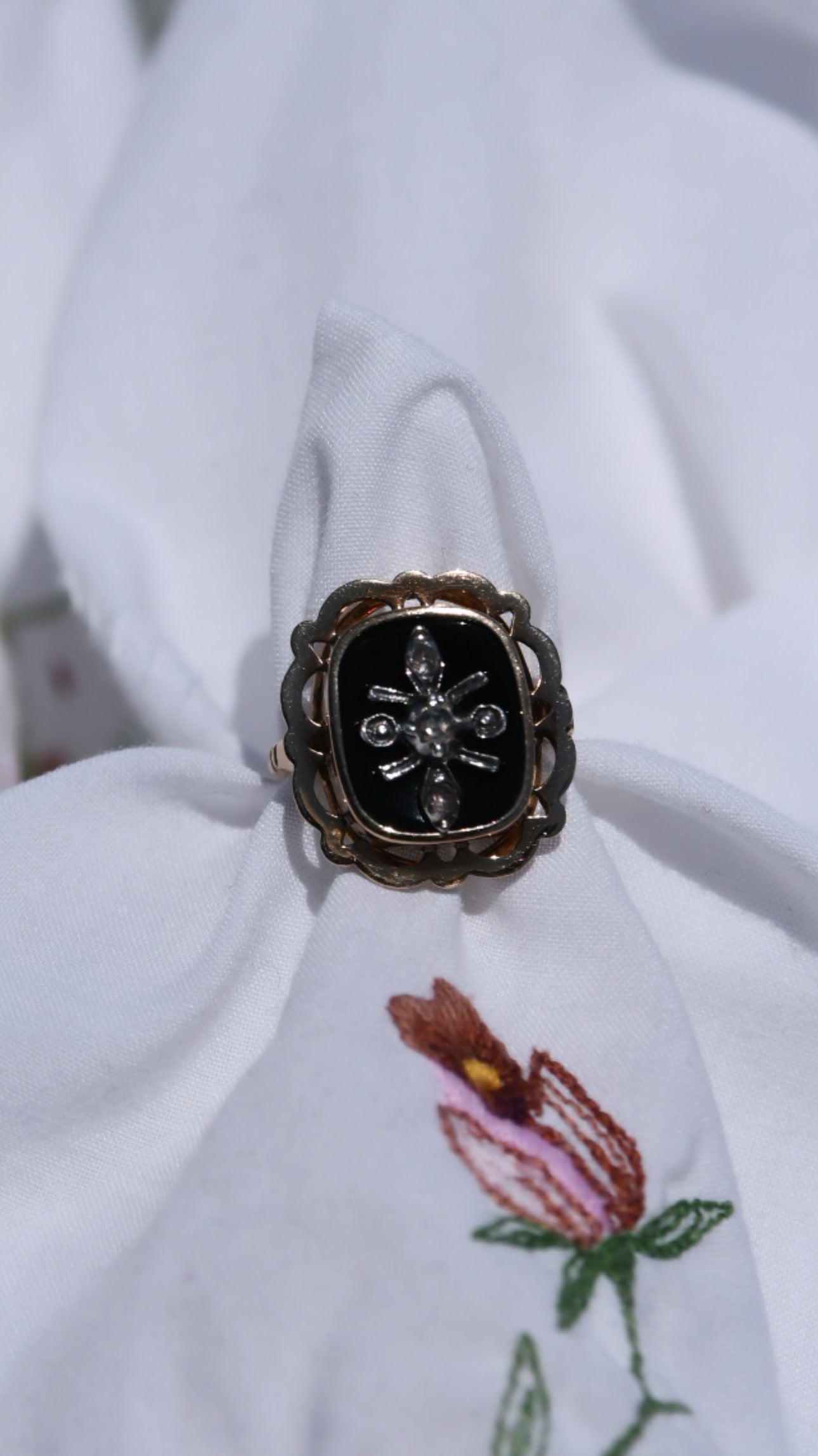Victorian Belgian Onyx & Rose Cut Diamond Ring in 14K Gold | Circa 1900