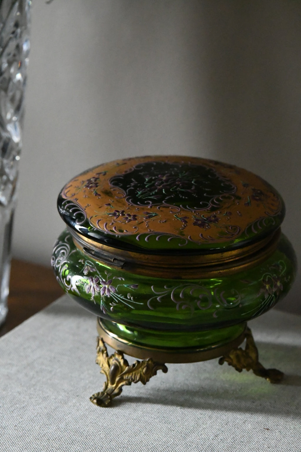 Late Victorian Bohemian Emerald Green Enameled Art Glass Jewel Casket with Gilt Bronze Mounts | Circa 1880–1900