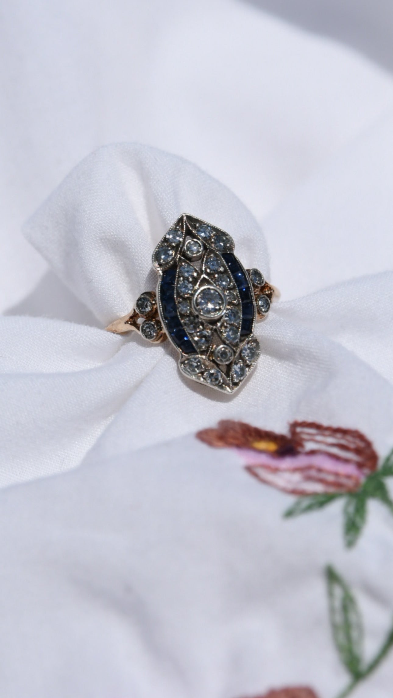 Late Art Deco German Diamond & Sapphire Ring in 18K Gold & Silver | HMB