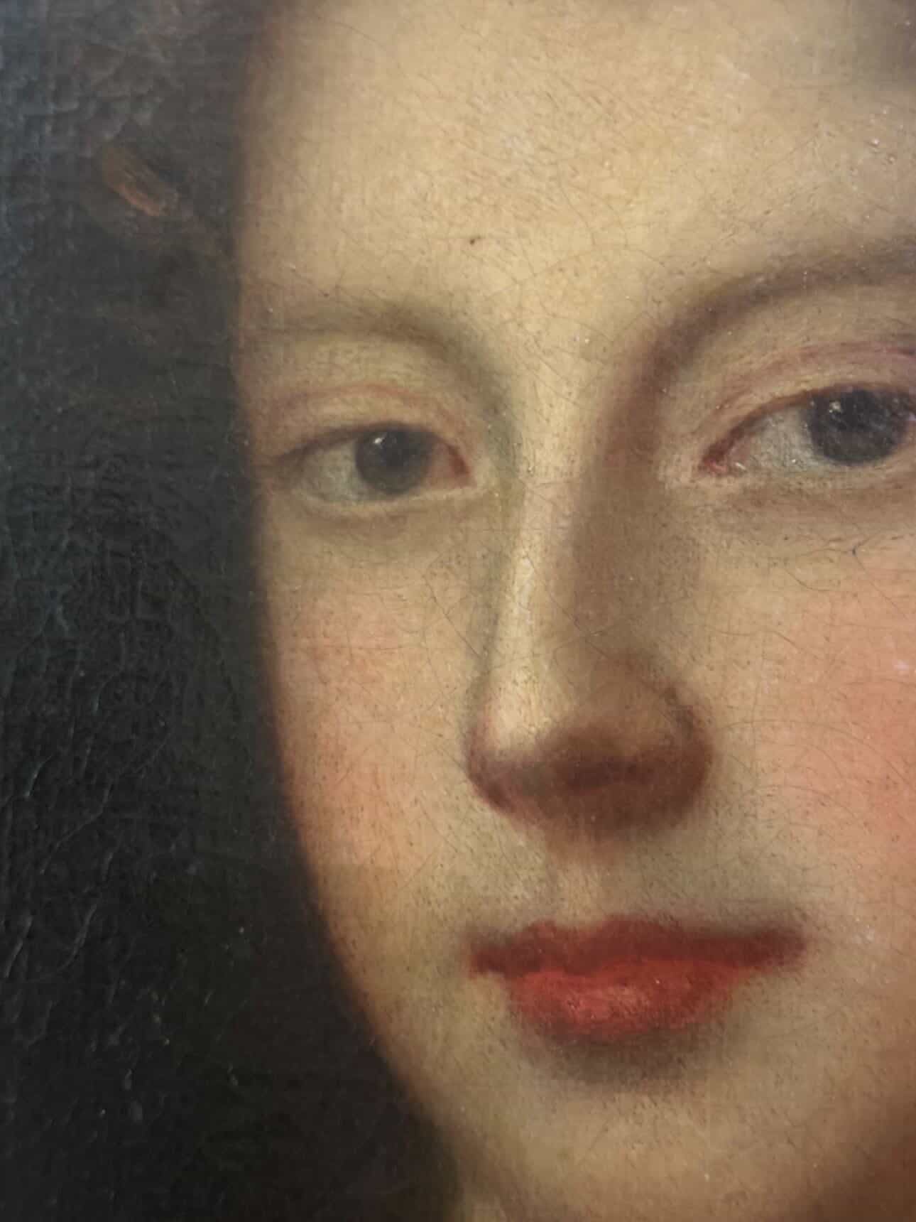 Antique English School Portrait of an Aristocratic Lady with Dog, Oval Oil on Canvas, Baroque Taste