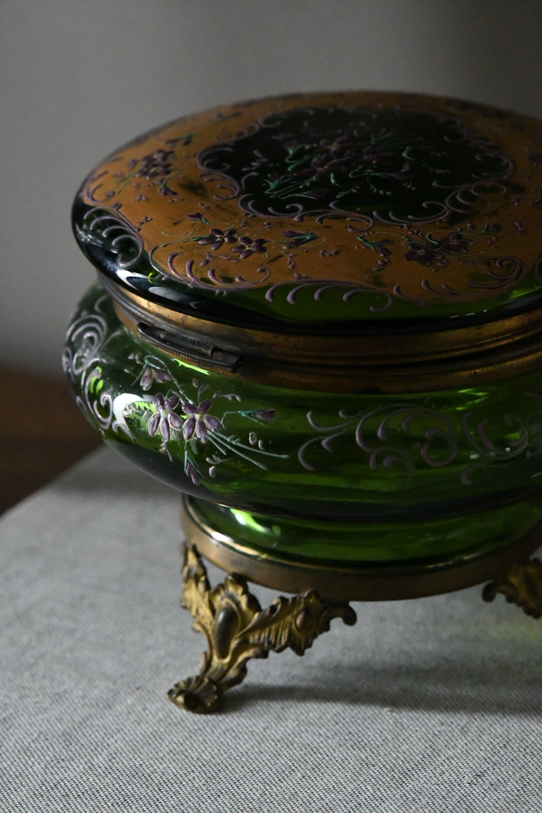 Late Victorian Bohemian Emerald Green Enameled Art Glass Jewel Casket with Gilt Bronze Mounts | Circa 1880–1900