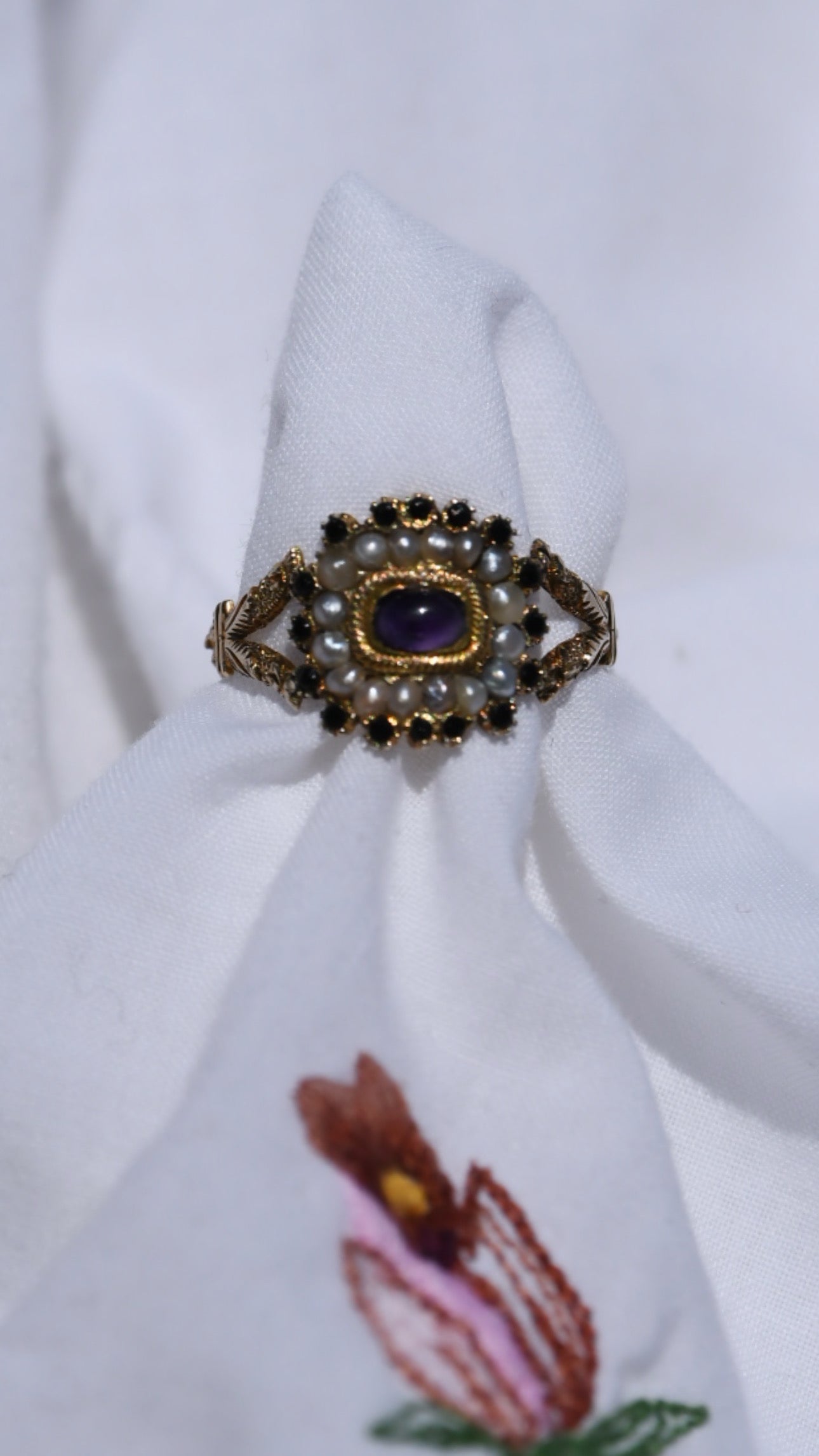Georgian Amethyst & Natural Pearl Memorial Ring | Inscribed 1830 New York 10K Gold Sentimental Jewel