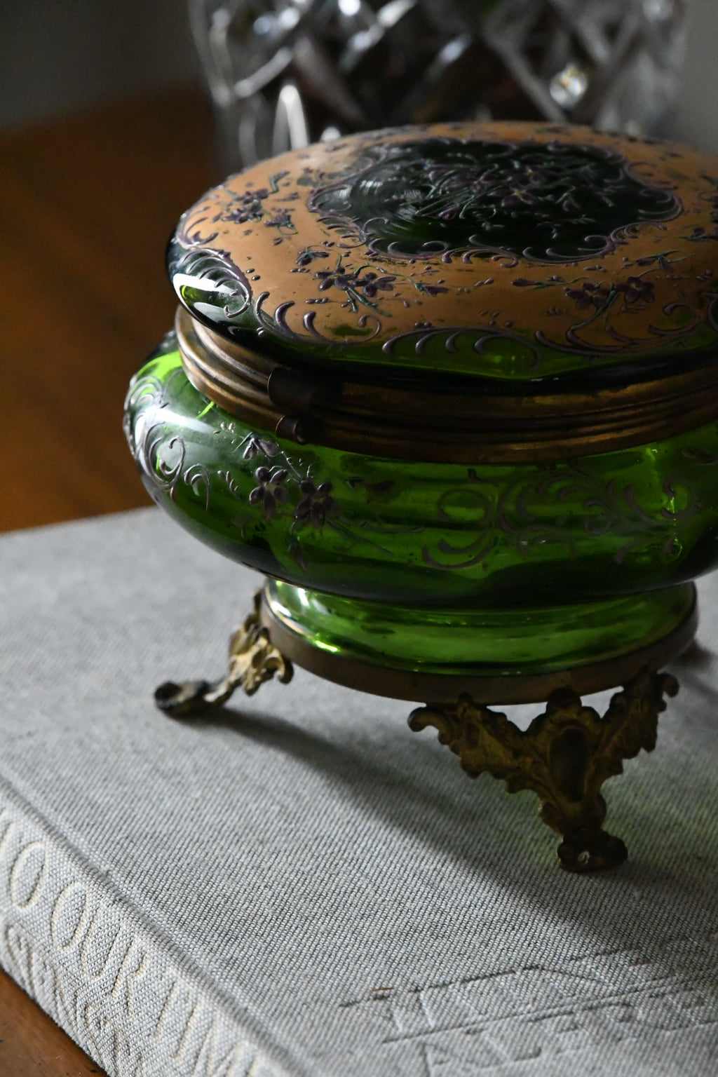 Late Victorian Bohemian Emerald Green Enameled Art Glass Jewel Casket with Gilt Bronze Mounts | Circa 1880–1900