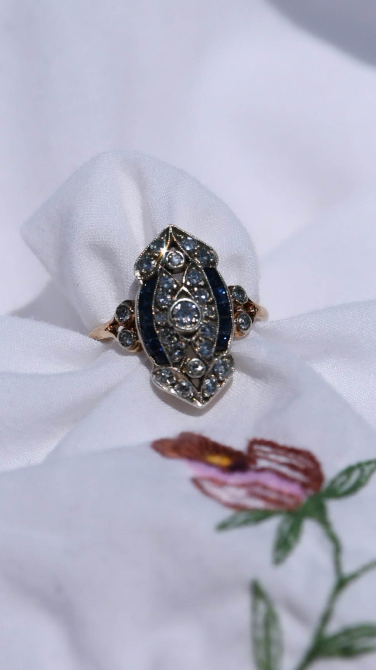 Late Art Deco German Diamond & Sapphire Ring in 18K Gold & Silver | HMB