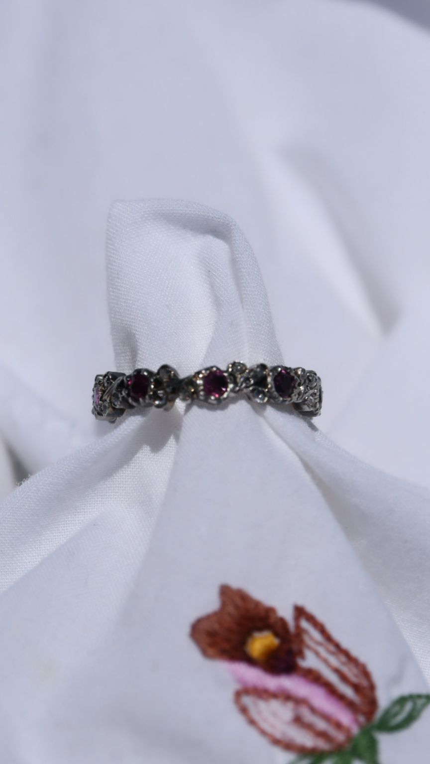 American Ruby & Diamond Eternity Ring in Silver & Gold | Rose Cut Diamond Foliate Band
