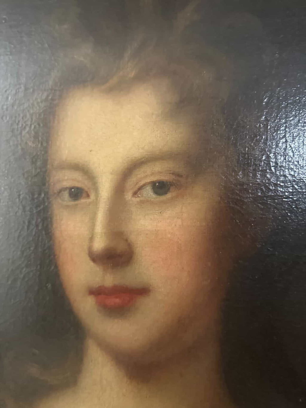 Antique English School Portrait of an Aristocratic Lady with Dog, Oval Oil on Canvas, Baroque Taste