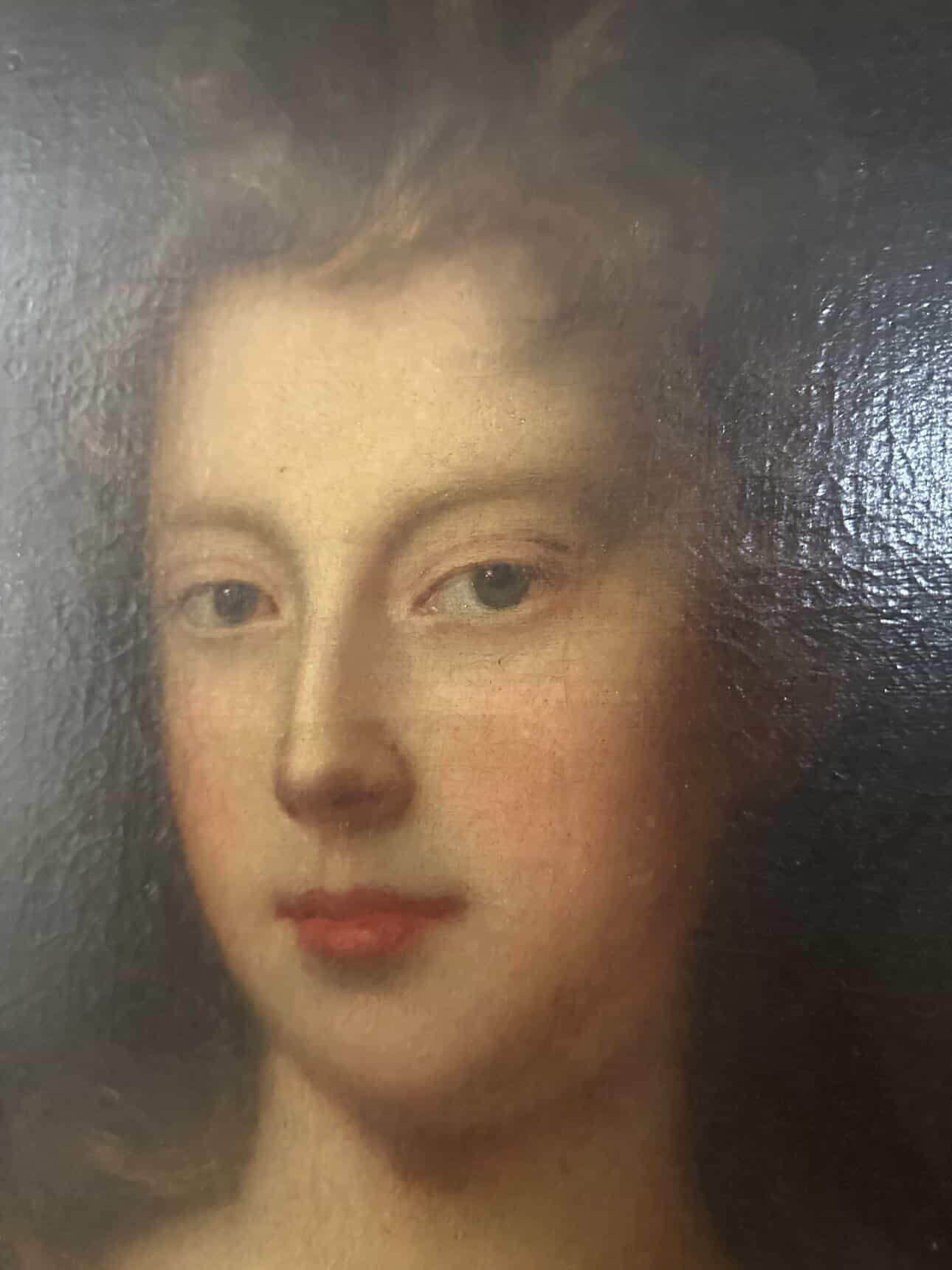 Antique English School Portrait of an Aristocratic Lady with Dog, Oval Oil on Canvas, Baroque Taste
