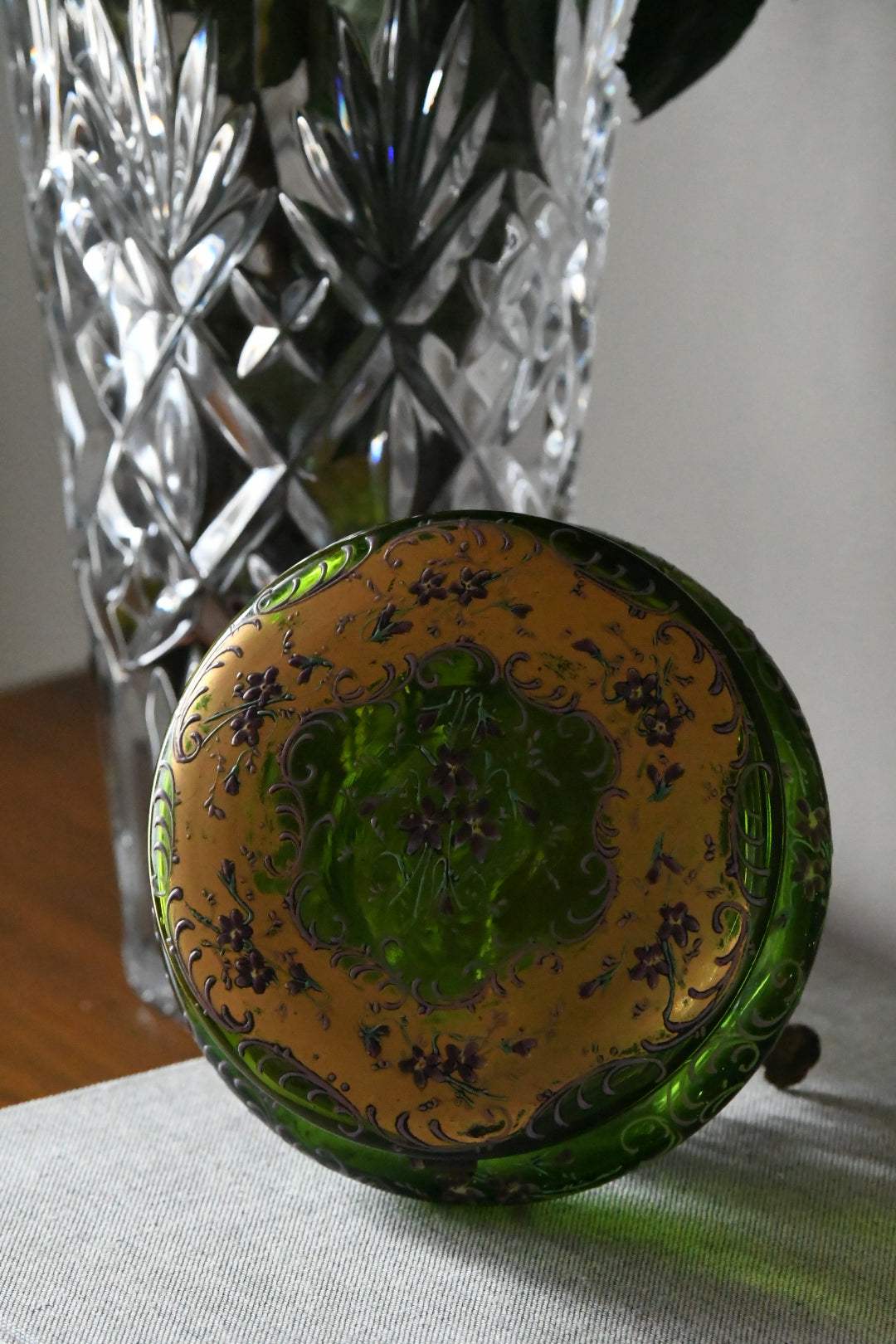 Late Victorian Bohemian Emerald Green Enameled Art Glass Jewel Casket with Gilt Bronze Mounts | Circa 1880–1900