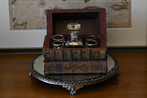 19th Century Victorian Library Tantalus Crafted from Four Hollowed Antique Books with Original Gilt-Decorated Decanter & Four Cordial Glasses