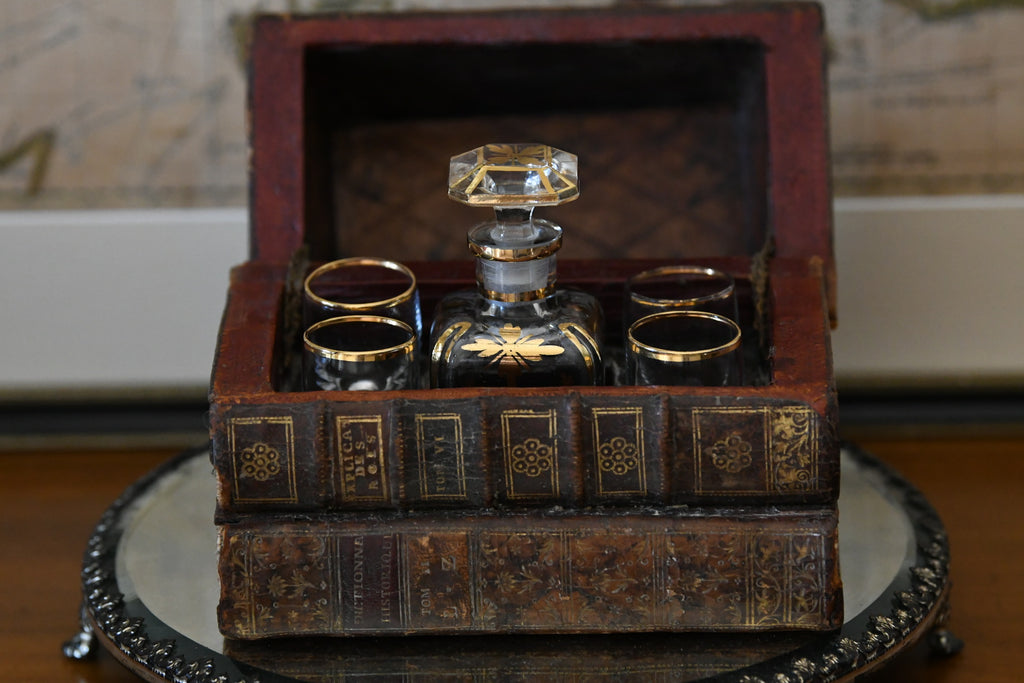 19th Century Victorian Library Tantalus Crafted from Four Hollowed Antique Books with Original Gilt-Decorated Decanter & Four Cordial Glasses
