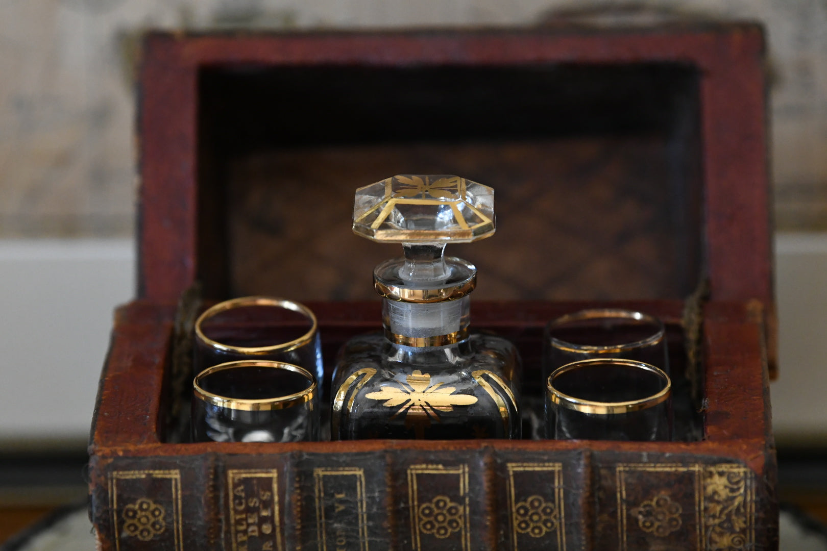19th Century Victorian Library Tantalus Crafted from Four Hollowed Antique Books with Original Gilt-Decorated Decanter & Four Cordial Glasses