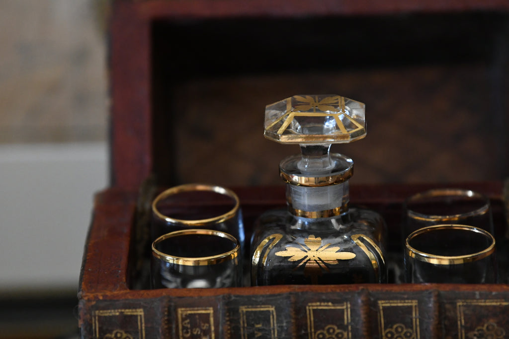 19th Century Victorian Library Tantalus Crafted from Four Hollowed Antique Books with Original Gilt-Decorated Decanter & Four Cordial Glasses