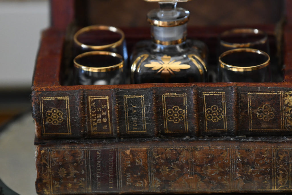 19th Century Victorian Library Tantalus Crafted from Four Hollowed Antique Books with Original Gilt-Decorated Decanter & Four Cordial Glasses