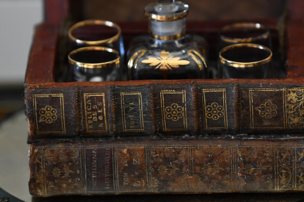 19th Century Victorian Library Tantalus Crafted from Four Hollowed Antique Books with Original Gilt-Decorated Decanter & Four Cordial Glasses