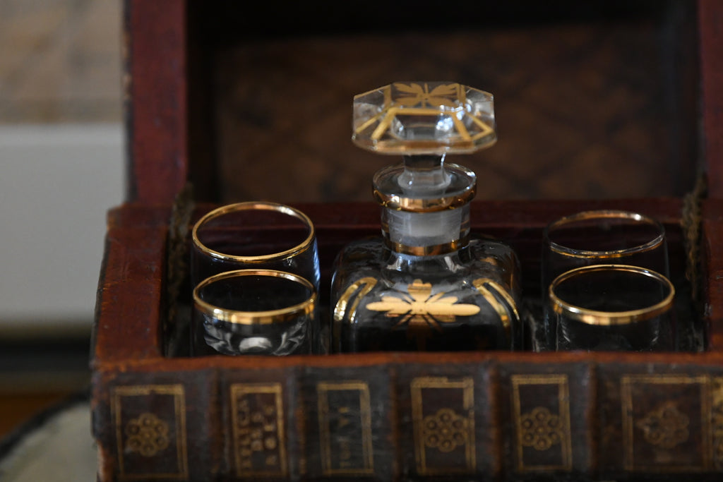 19th Century Victorian Library Tantalus Crafted from Four Hollowed Antique Books with Original Gilt-Decorated Decanter & Four Cordial Glasses