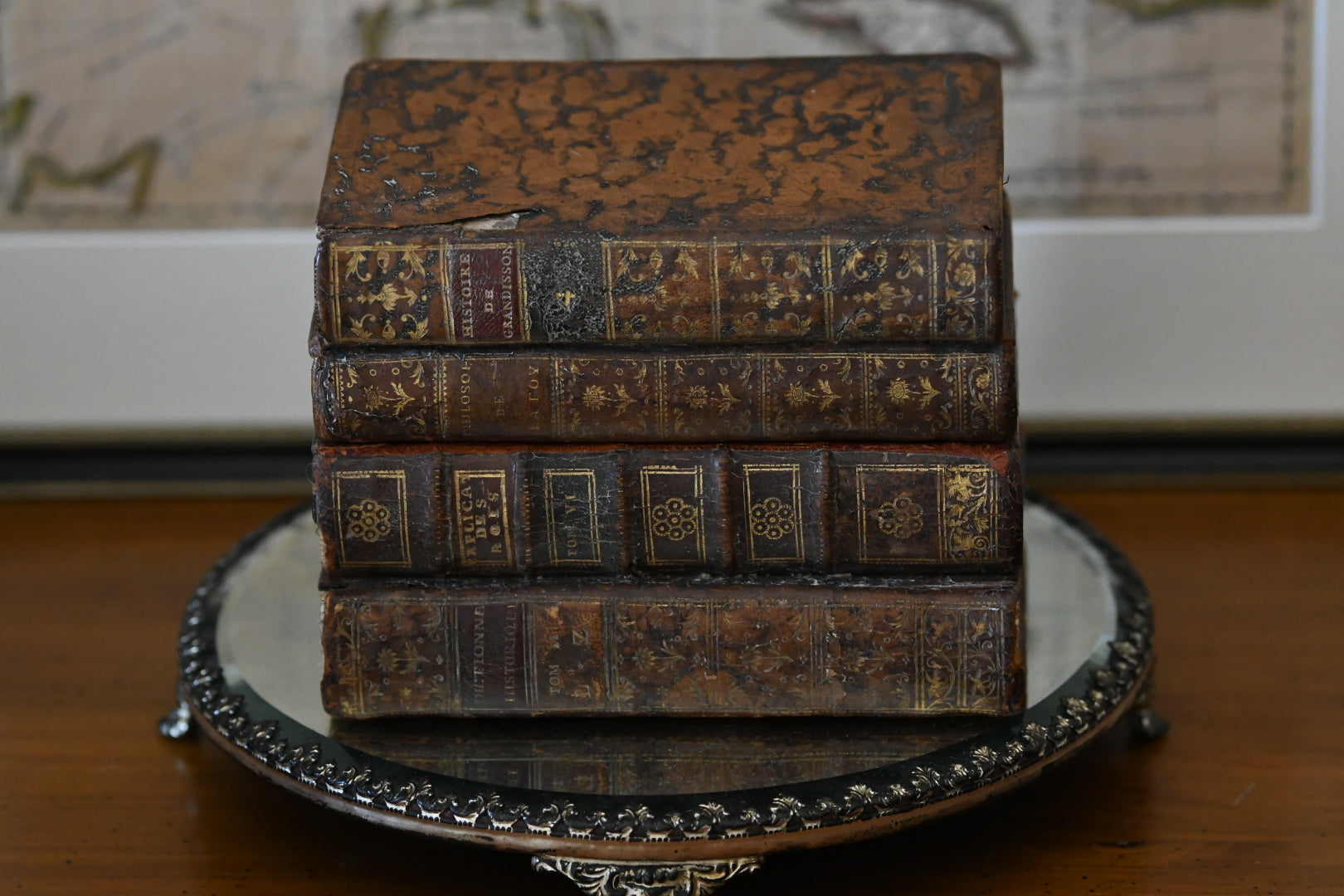 19th Century Victorian Library Tantalus Crafted from Four Hollowed Antique Books with Original Gilt-Decorated Decanter & Four Cordial Glasses