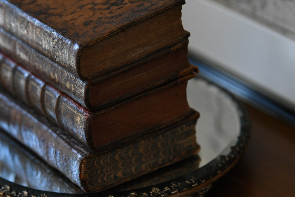 19th Century Victorian Library Tantalus Crafted from Four Hollowed Antique Books with Original Gilt-Decorated Decanter & Four Cordial Glasses