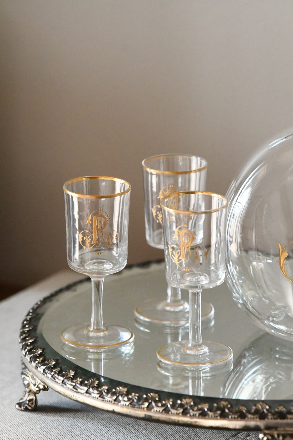 19th Century French Crystal Decanter & Glasses Set, Gilded Monogram, Le Rosey Paris