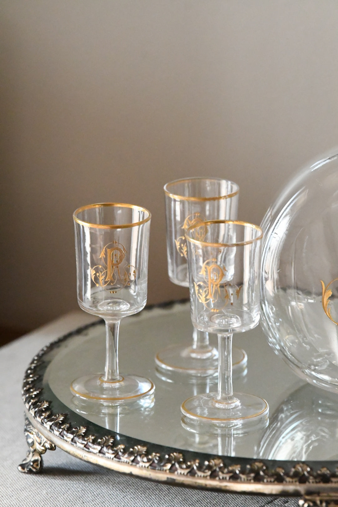 19th Century French Crystal Decanter & Glasses Set, Gilded Monogram, Le Rosey Paris