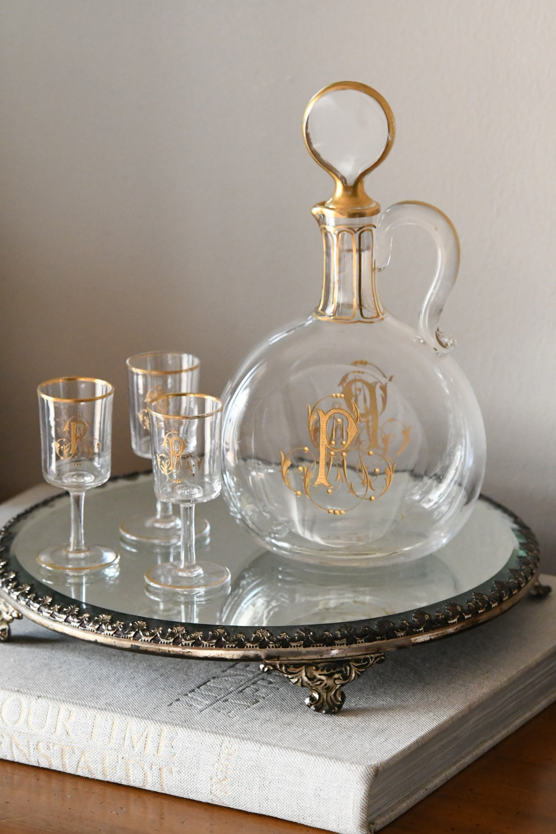 19th Century French Crystal Decanter & Glasses Set, Gilded Monogram, Le Rosey Paris
