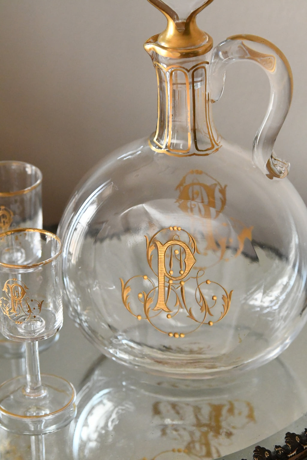 19th Century French Crystal Decanter & Glasses Set, Gilded Monogram, Le Rosey Paris