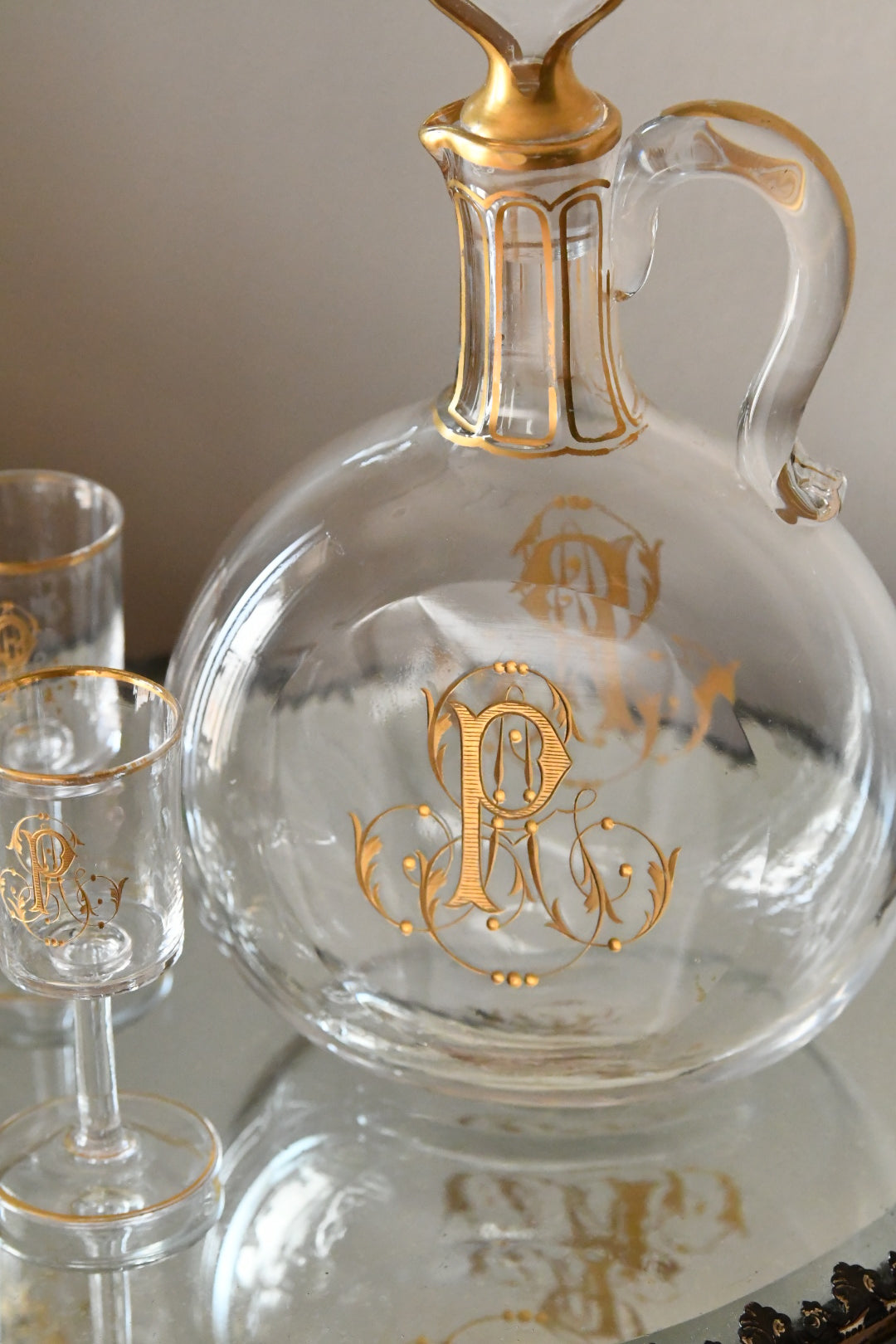 19th Century French Crystal Decanter & Glasses Set, Gilded Monogram, Le Rosey Paris