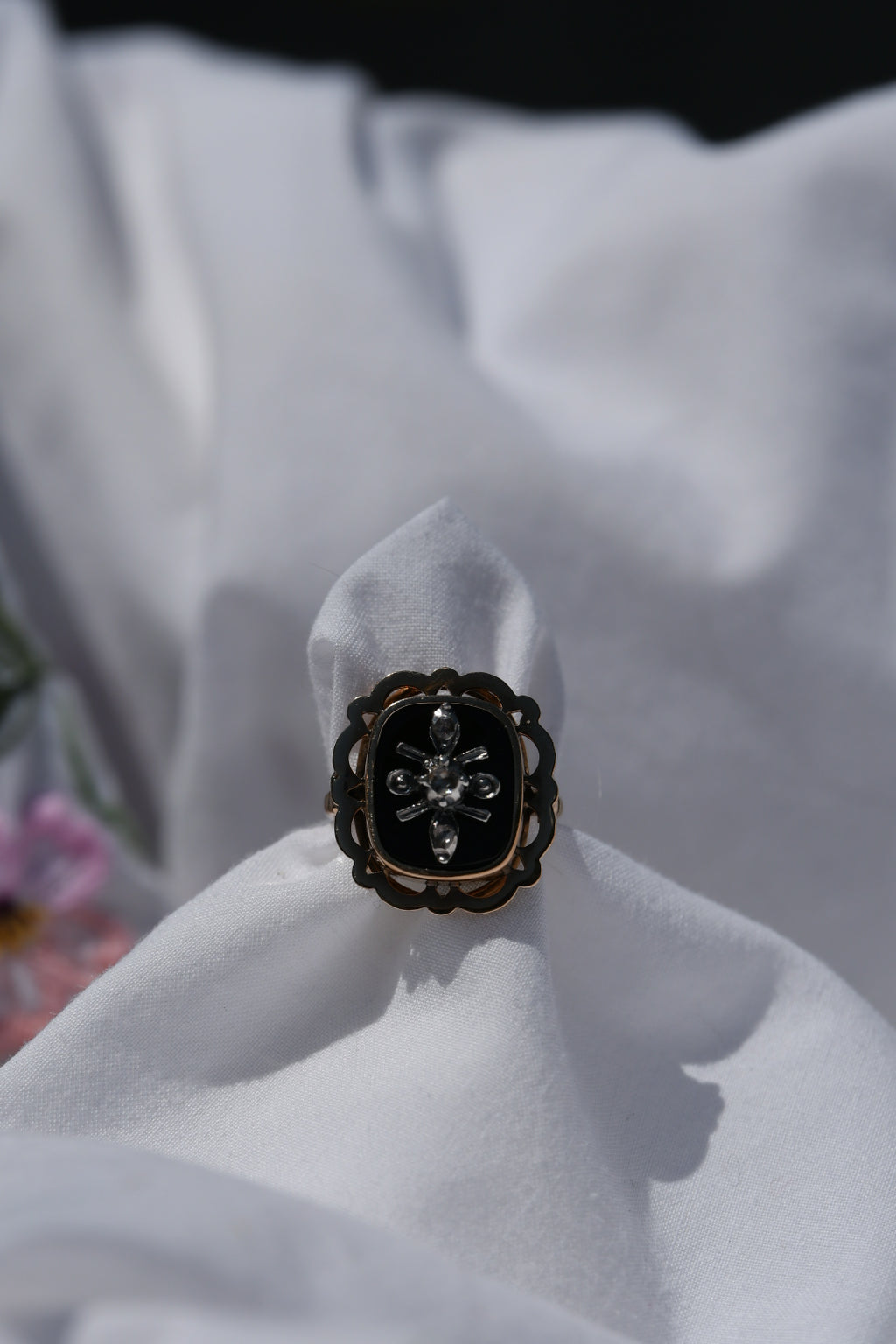 Victorian Belgian Onyx & Rose Cut Diamond Ring in 14K Gold | Circa 1900