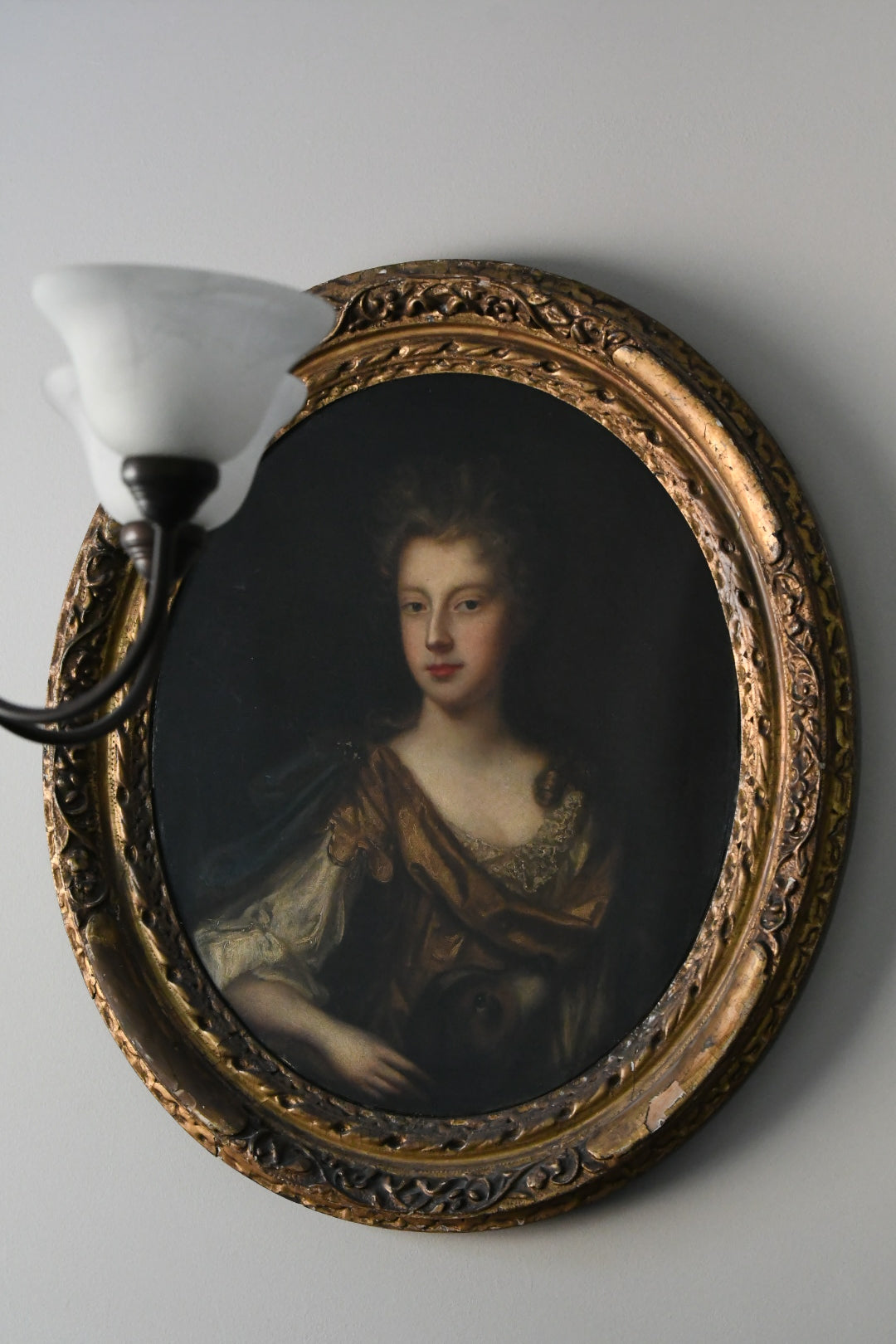 Antique English School Portrait of an Aristocratic Lady with Dog, Oval Oil on Canvas, Baroque Taste