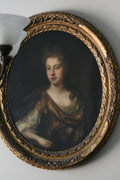 Antique English School Portrait of an Aristocratic Lady with Dog, Oval Oil on Canvas, Baroque Taste