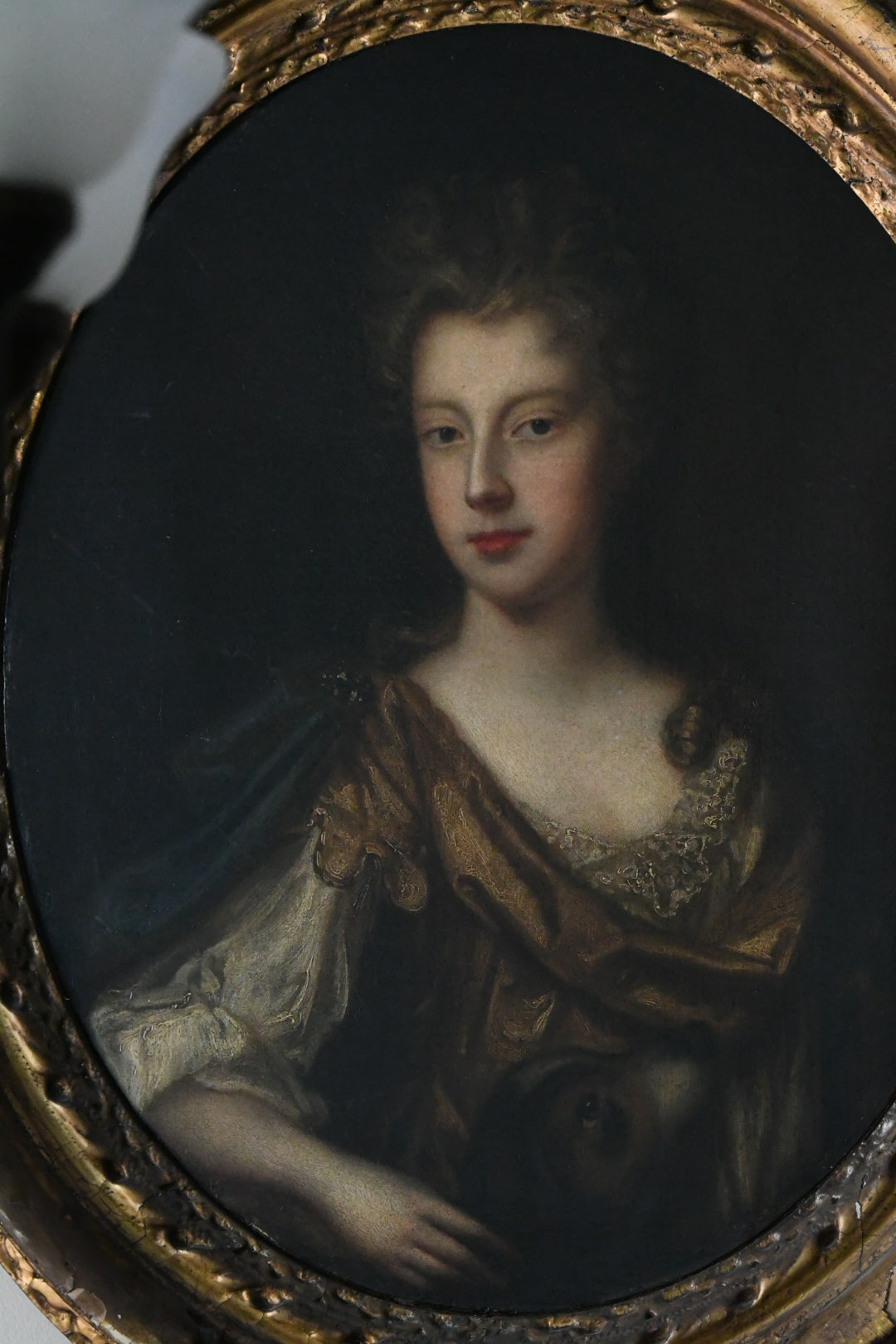 Antique English School Portrait of an Aristocratic Lady with Dog, Oval Oil on Canvas, Baroque Taste