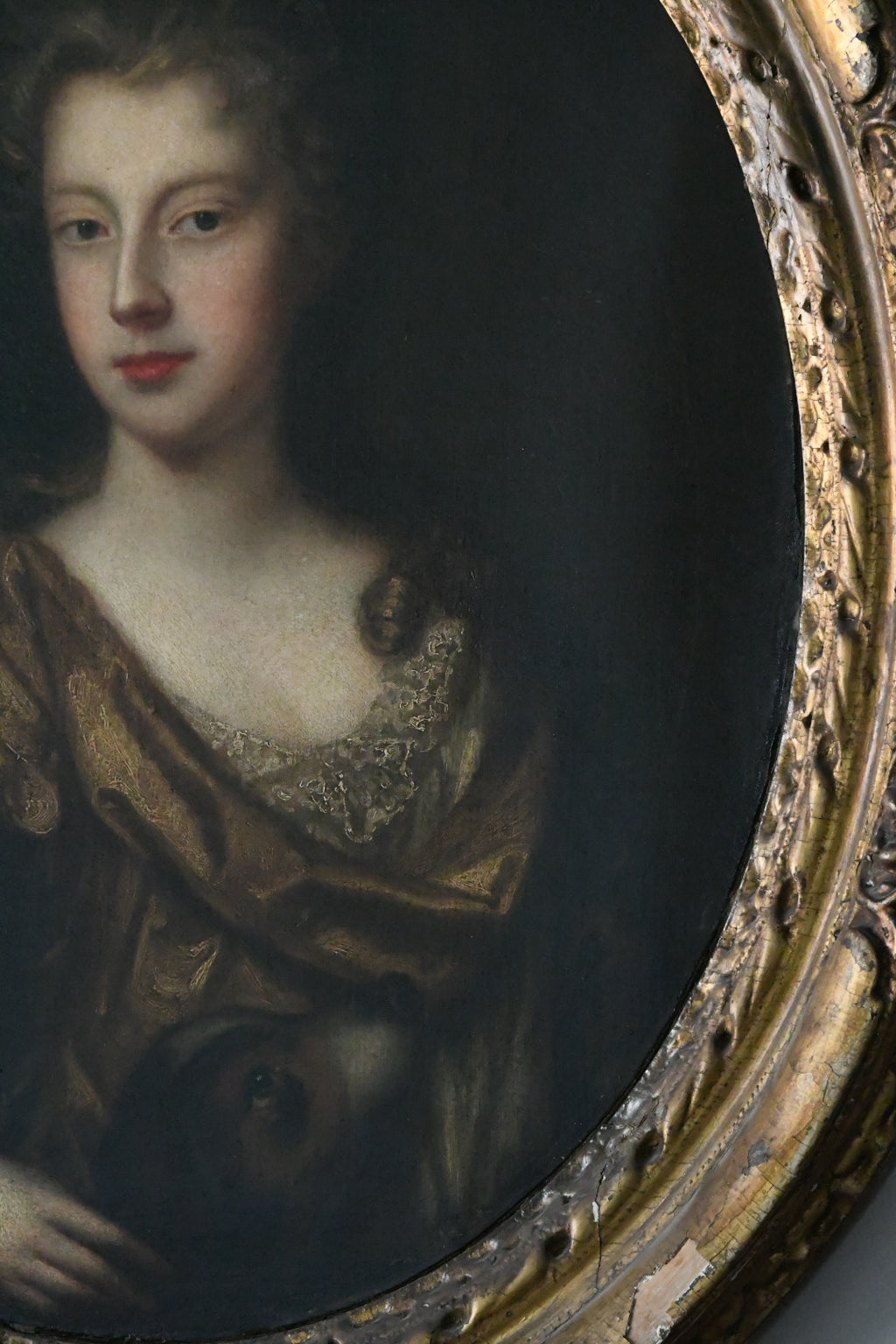 Antique English School Portrait of an Aristocratic Lady with Dog, Oval Oil on Canvas, Baroque Taste