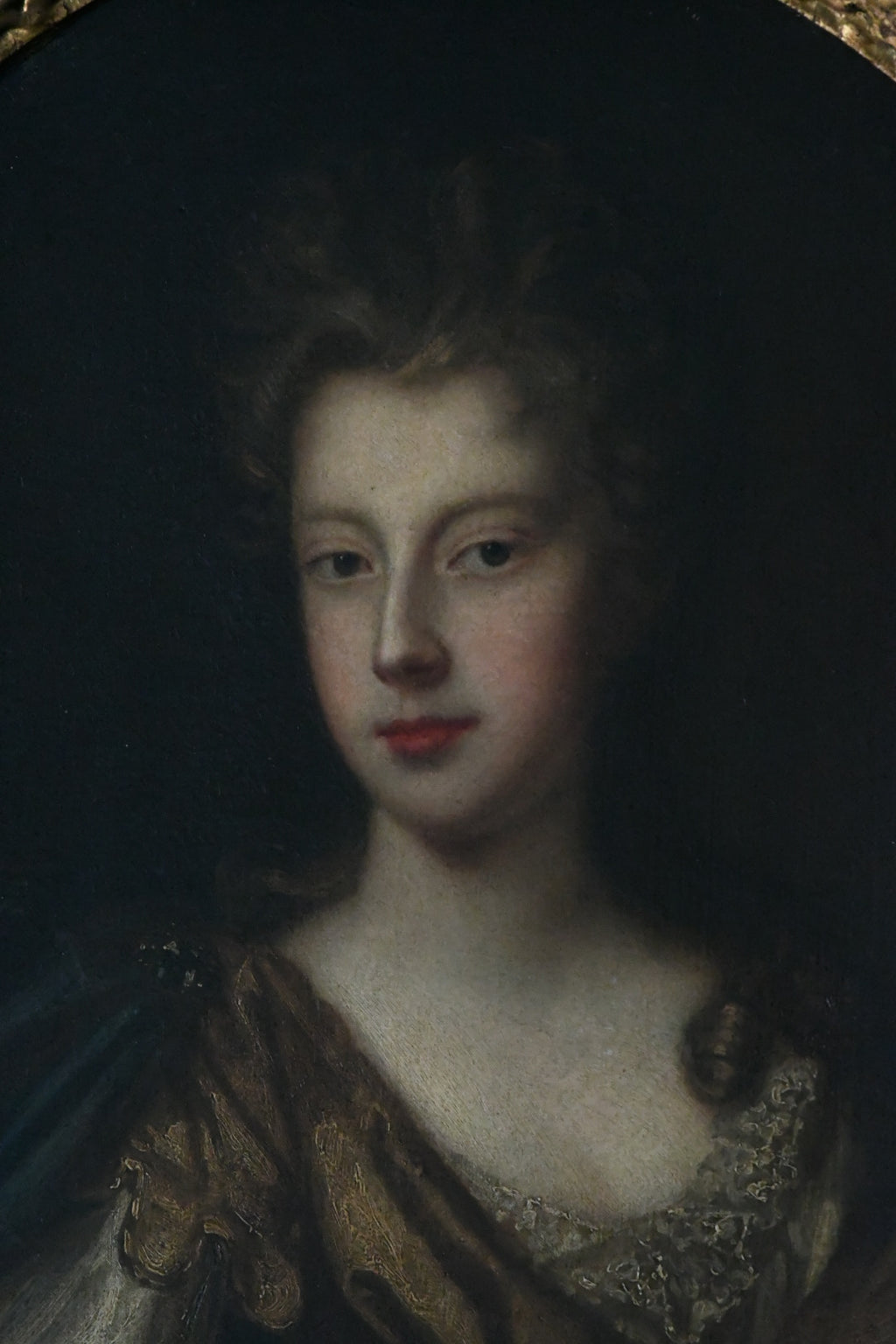 Antique English School Portrait of an Aristocratic Lady with Dog, Oval Oil on Canvas, Baroque Taste