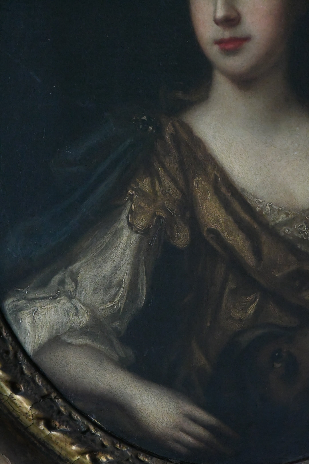 Antique English School Portrait of an Aristocratic Lady with Dog, Oval Oil on Canvas, Baroque Taste
