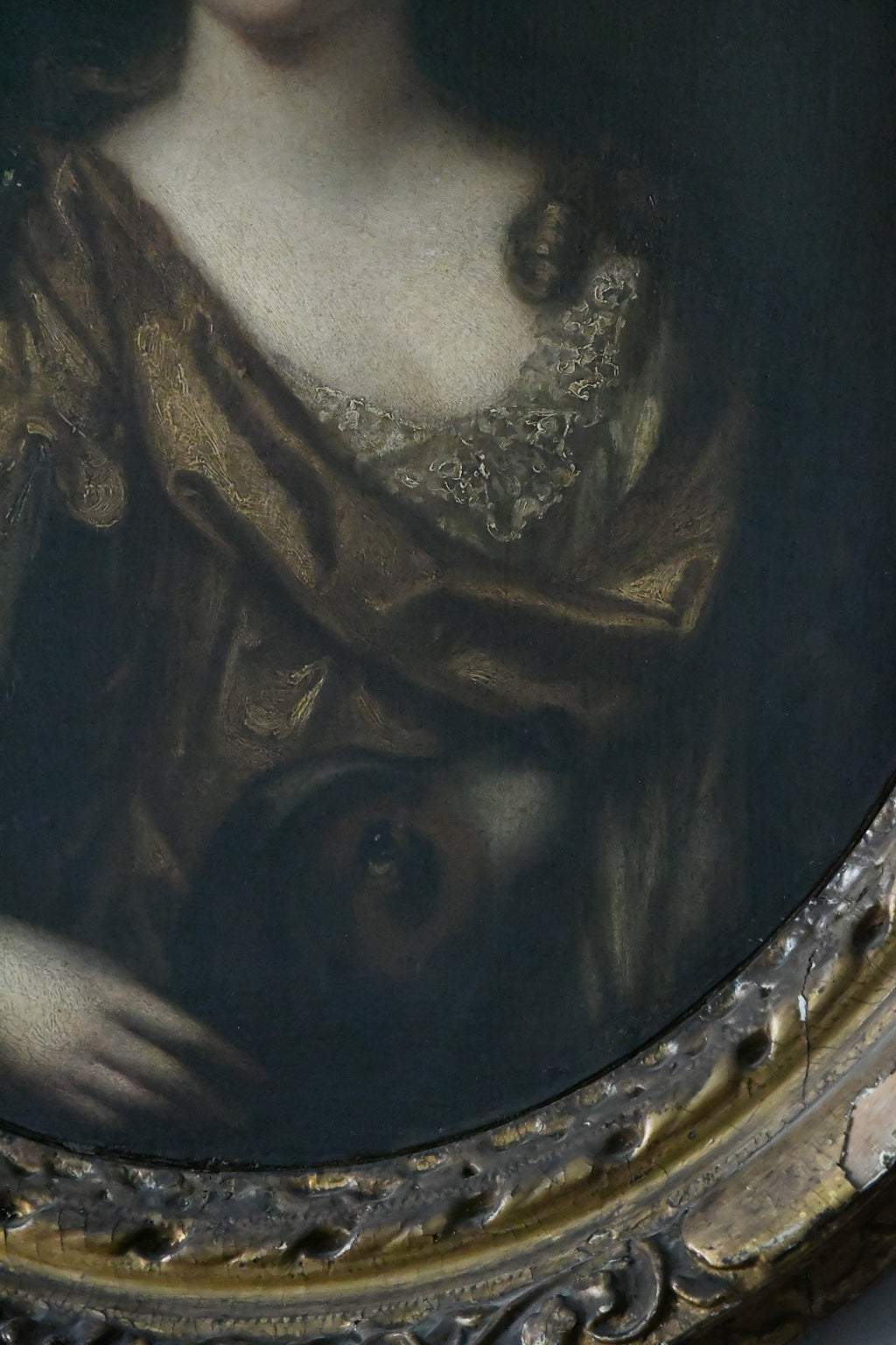 Antique English School Portrait of an Aristocratic Lady with Dog, Oval Oil on Canvas, Baroque Taste