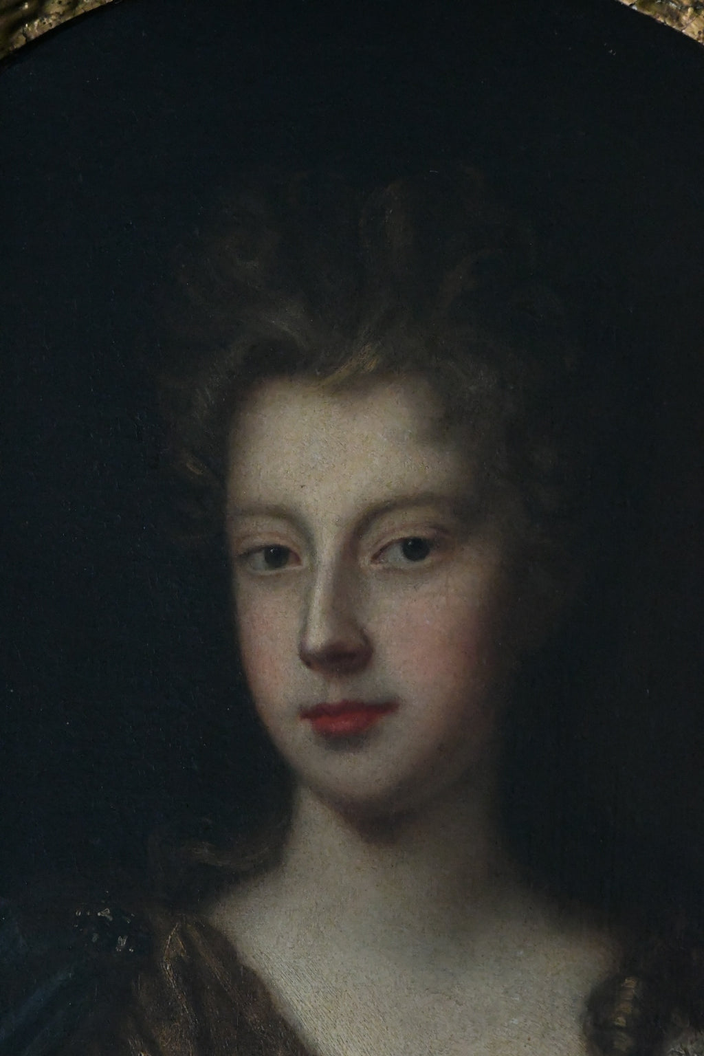 Antique English School Portrait of an Aristocratic Lady with Dog, Oval Oil on Canvas, Baroque Taste