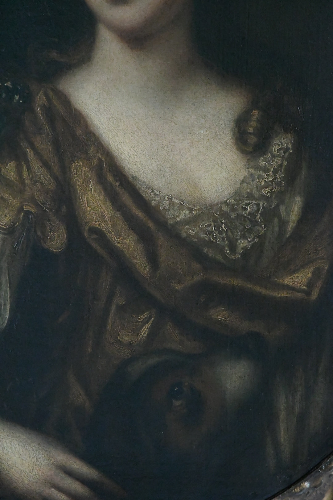 Antique English School Portrait of an Aristocratic Lady with Dog, Oval Oil on Canvas, Baroque Taste