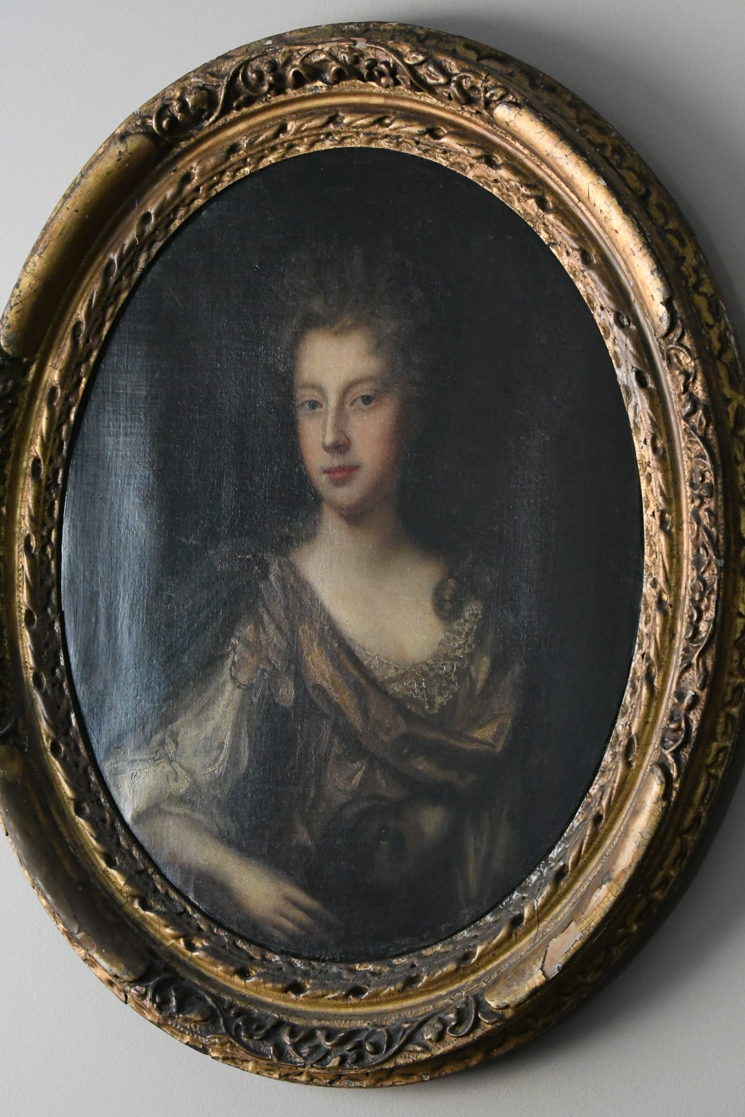 Antique English School Portrait of an Aristocratic Lady with Dog, Oval Oil on Canvas, Baroque Taste