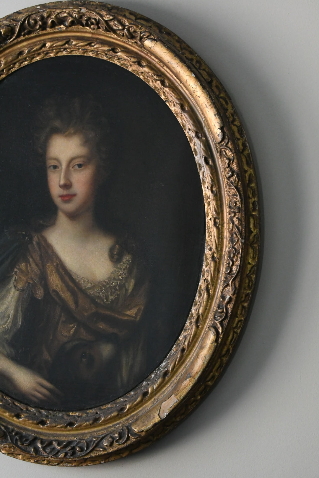 Antique English School Portrait of an Aristocratic Lady with Dog, Oval Oil on Canvas, Baroque Taste