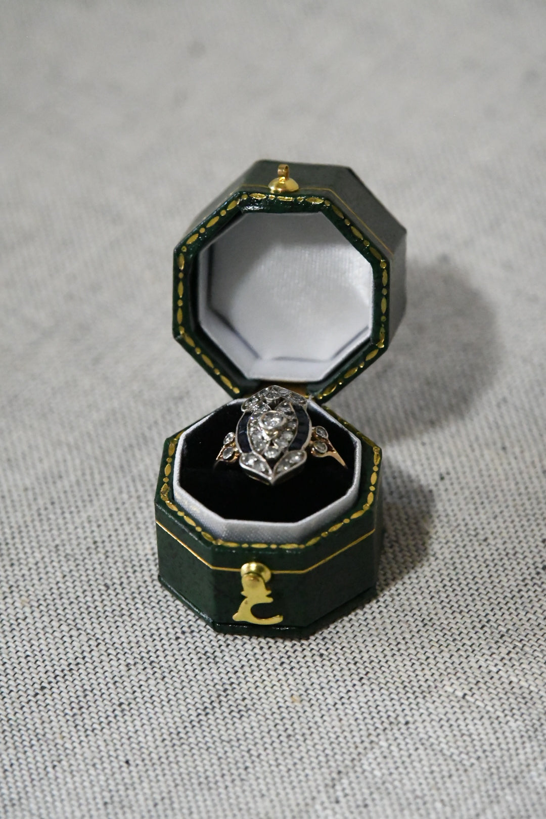 Late Art Deco German Diamond & Sapphire Ring in 18K Gold & Silver | HMB