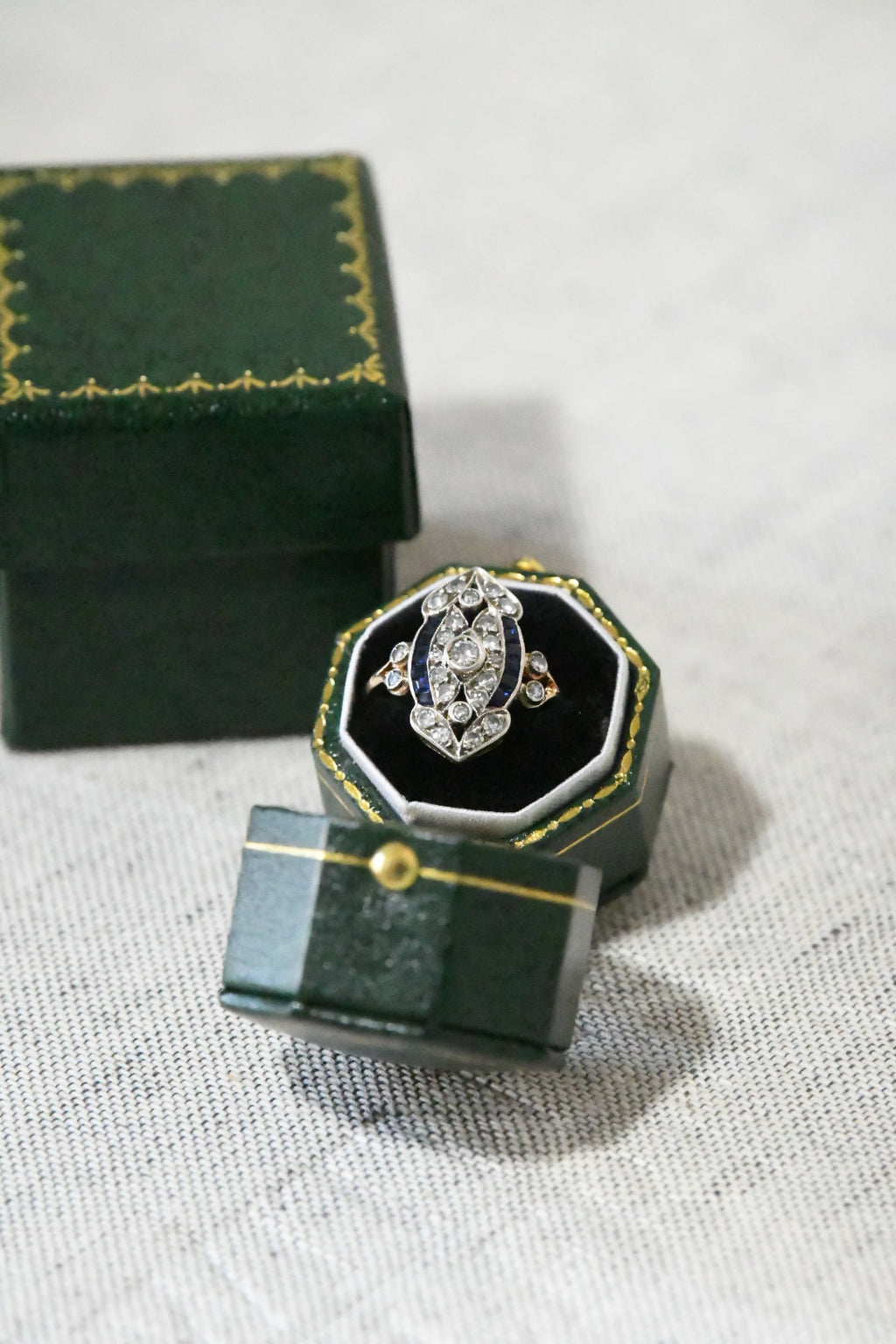 Late Art Deco German Diamond & Sapphire Ring in 18K Gold & Silver | HMB