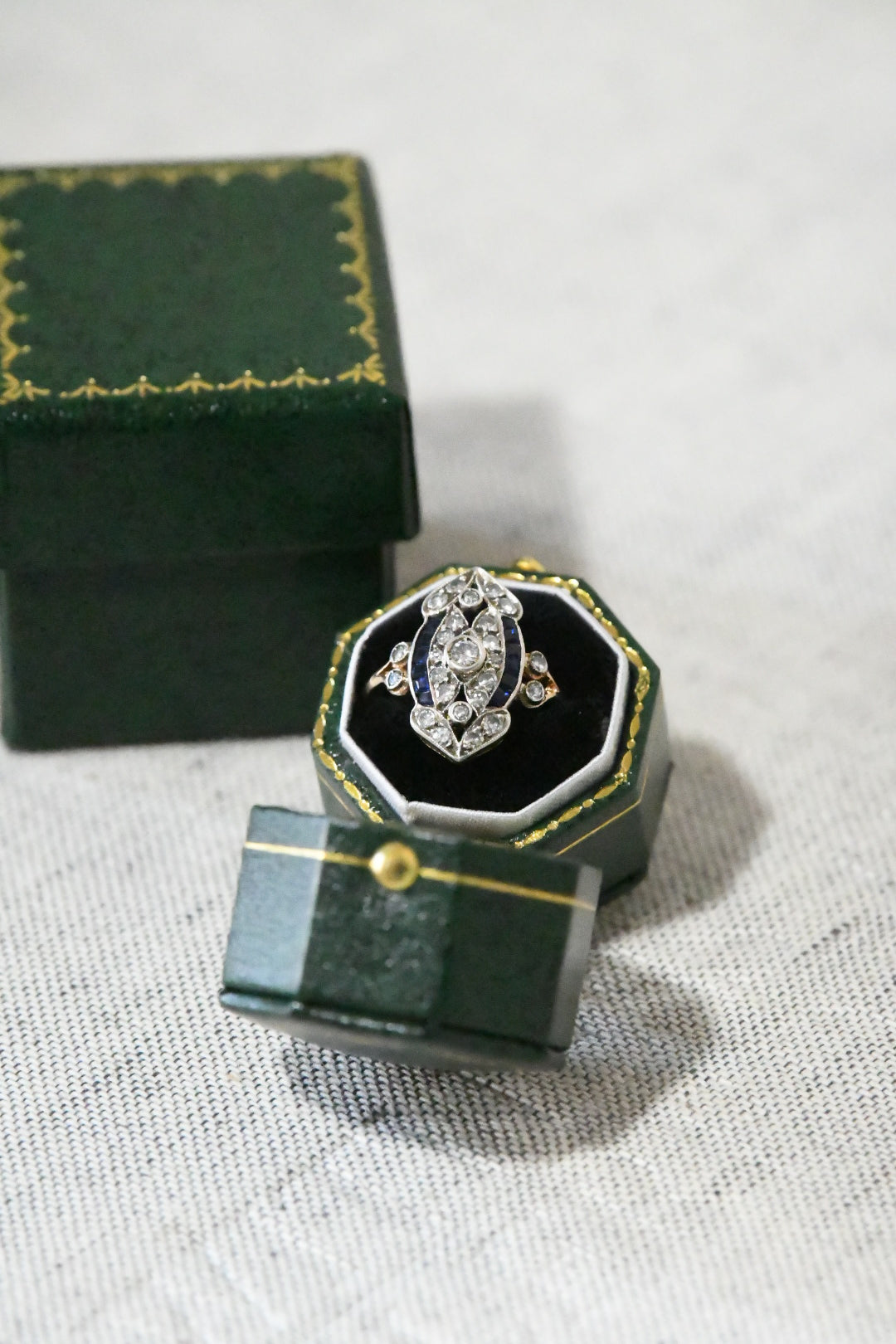 Late Art Deco German Diamond & Sapphire Ring in 18K Gold & Silver | HMB