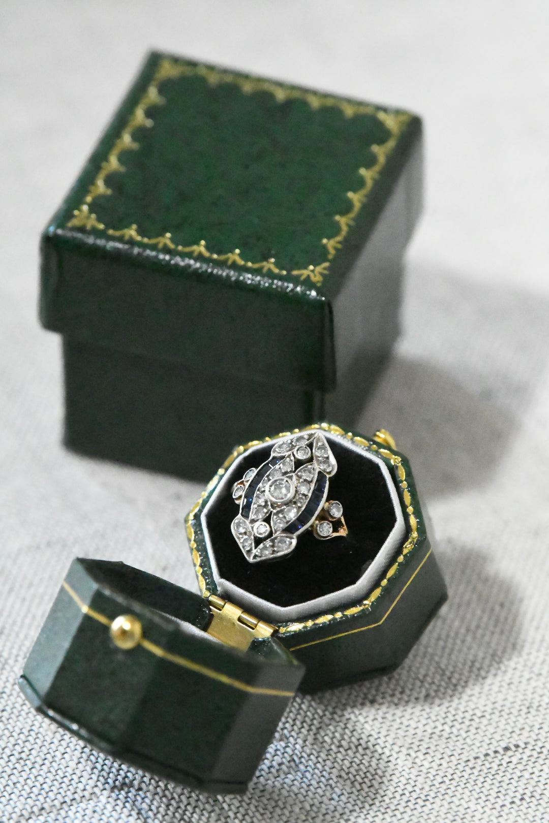 Late Art Deco German Diamond & Sapphire Ring in 18K Gold & Silver | HMB