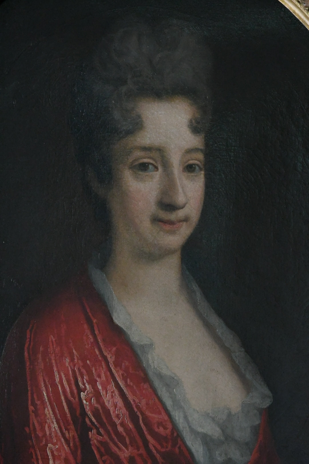 Antique English School Portrait of an Aristocratic Lady, Oval Oil on Canvas, Possibly 17th–18th Century, Baroque