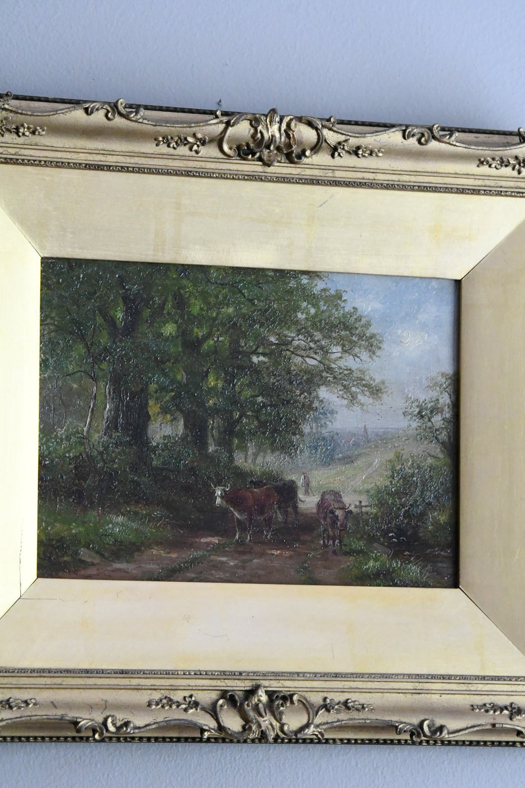 Antique Victorian British Pastoral Landscape with Cattle, Signed W. Lewis, Oil on Canvas, English Country Scene