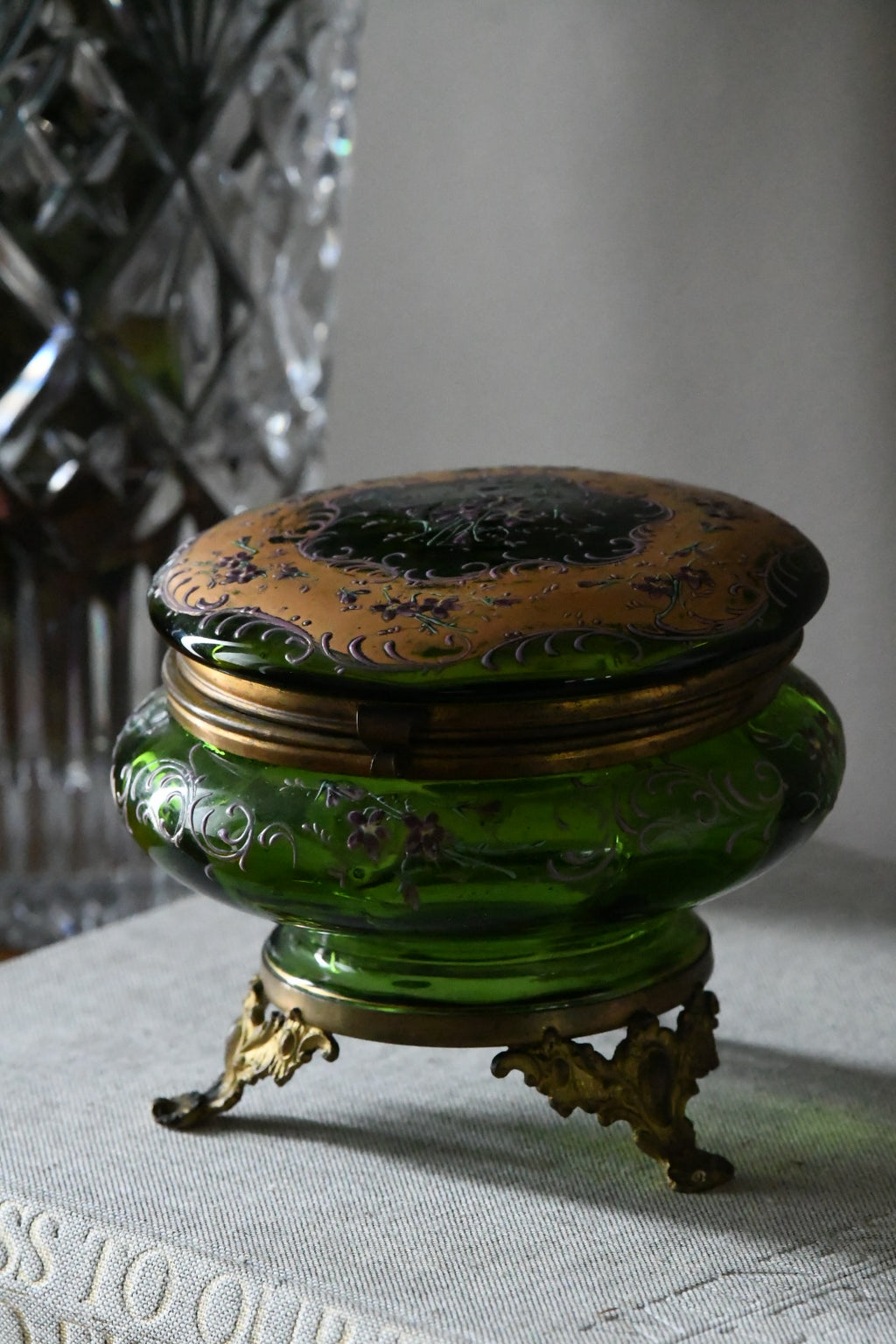 Late Victorian Bohemian Emerald Green Enameled Art Glass Jewel Casket with Gilt Bronze Mounts | Circa 1880–1900