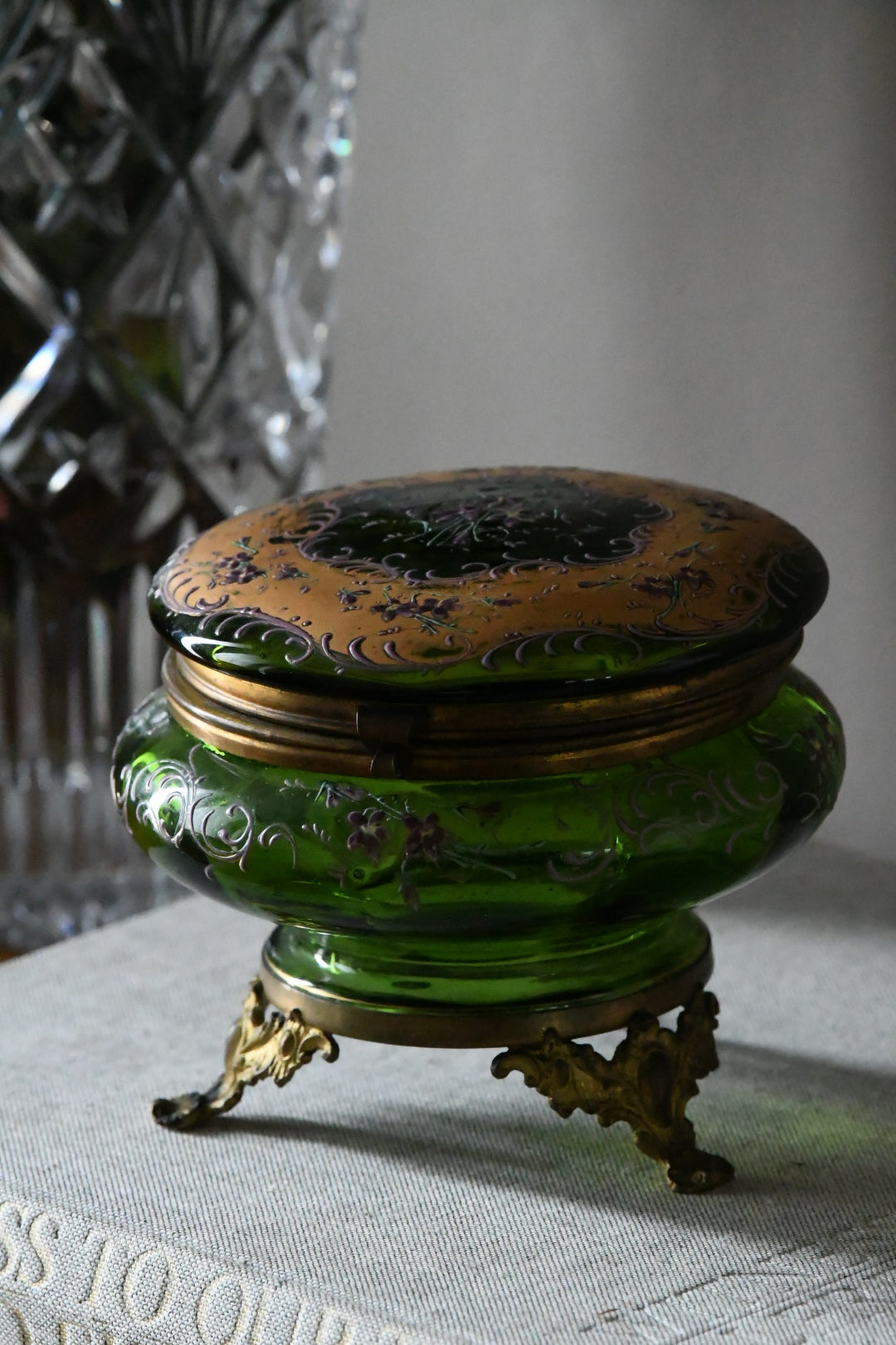 Late Victorian Bohemian Emerald Green Enameled Art Glass Jewel Casket with Gilt Bronze Mounts | Circa 1880–1900