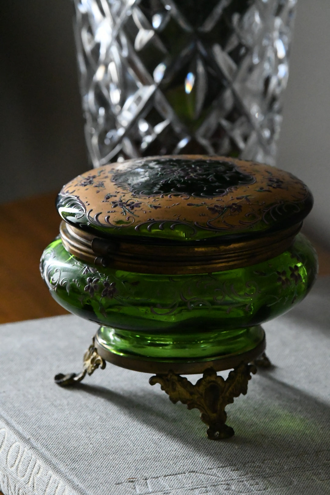 Late Victorian Bohemian Emerald Green Enameled Art Glass Jewel Casket with Gilt Bronze Mounts | Circa 1880–1900
