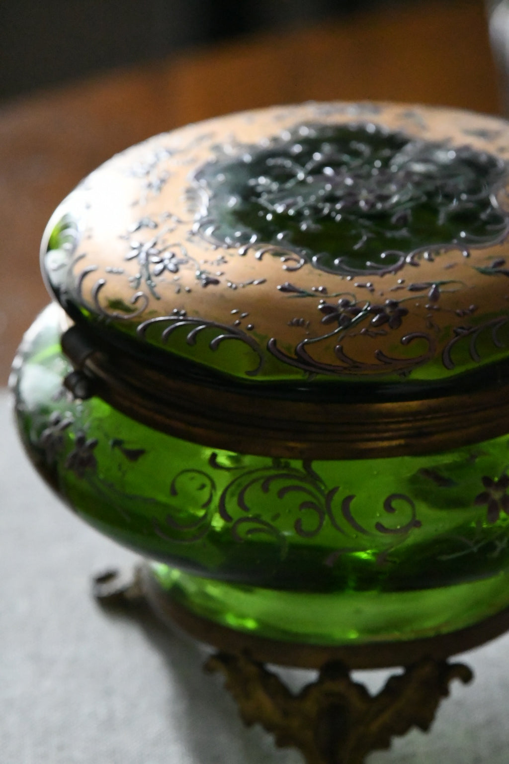 Late Victorian Bohemian Emerald Green Enameled Art Glass Jewel Casket with Gilt Bronze Mounts | Circa 1880–1900